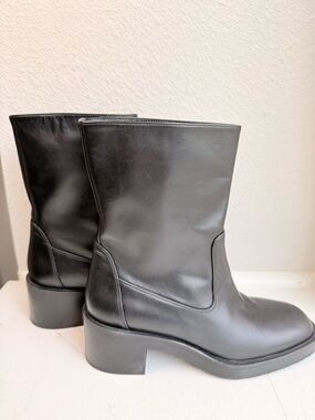 Stuart Weitzman Black Leather Mid-Calf Block Heel Booties